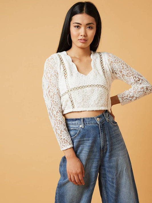 Glow Road Women's Clothing L Women's Regular Length White Lace Round Neck Tees