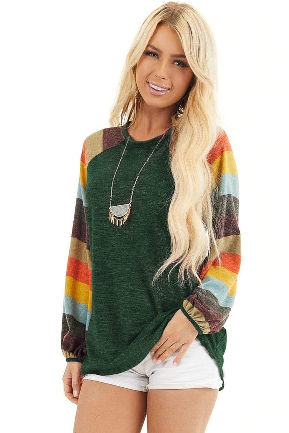 Teal Demeter Sweaters & Hoodies Women's Striped Balloon Sleeves Green Knit Top