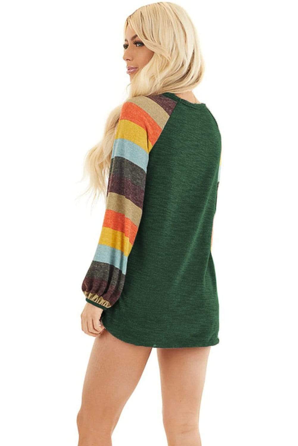 Teal Demeter Sweaters & Hoodies Women's Striped Balloon Sleeves Green Knit Top