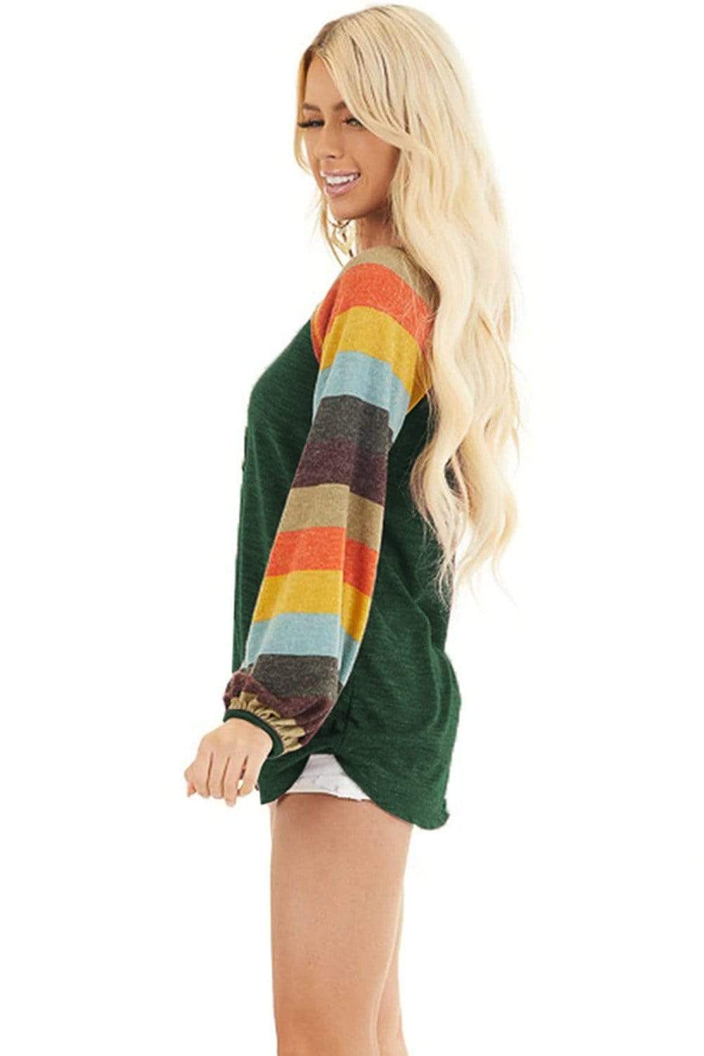 Teal Demeter Sweaters & Hoodies Women's Striped Balloon Sleeves Green Knit Top