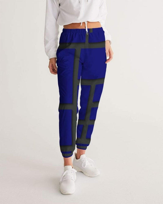 Grey Coco Activewear Womens Athletic Track Pants, Navy Blue & Black Geometric Block Design
