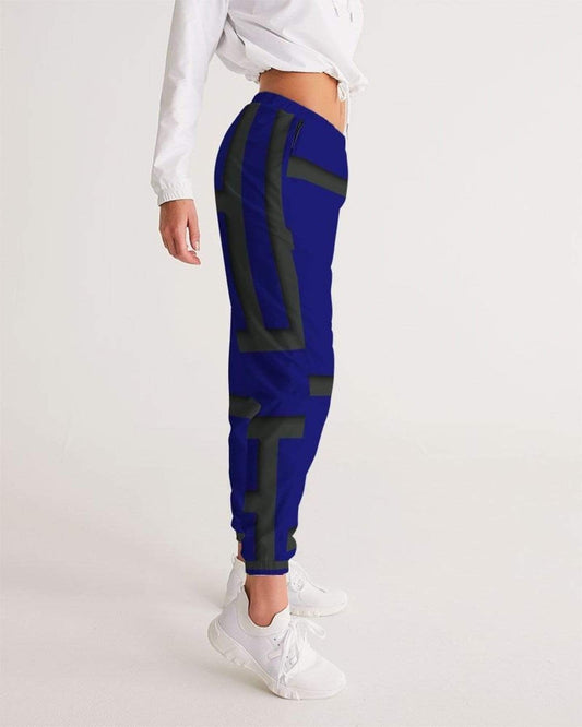 Grey Coco Activewear Womens Athletic Track Pants, Navy Blue & Black Geometric Block Design