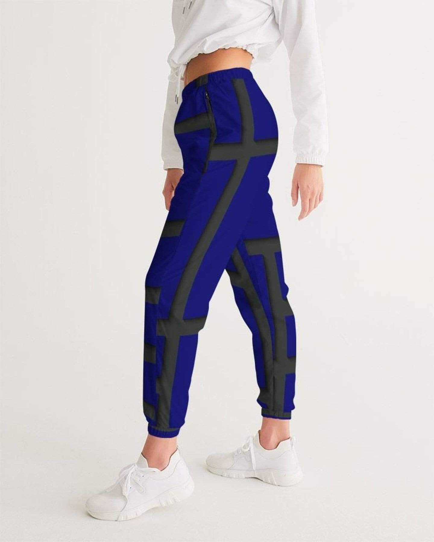 Grey Coco Activewear Womens Athletic Track Pants, Navy Blue & Black Geometric Block Design