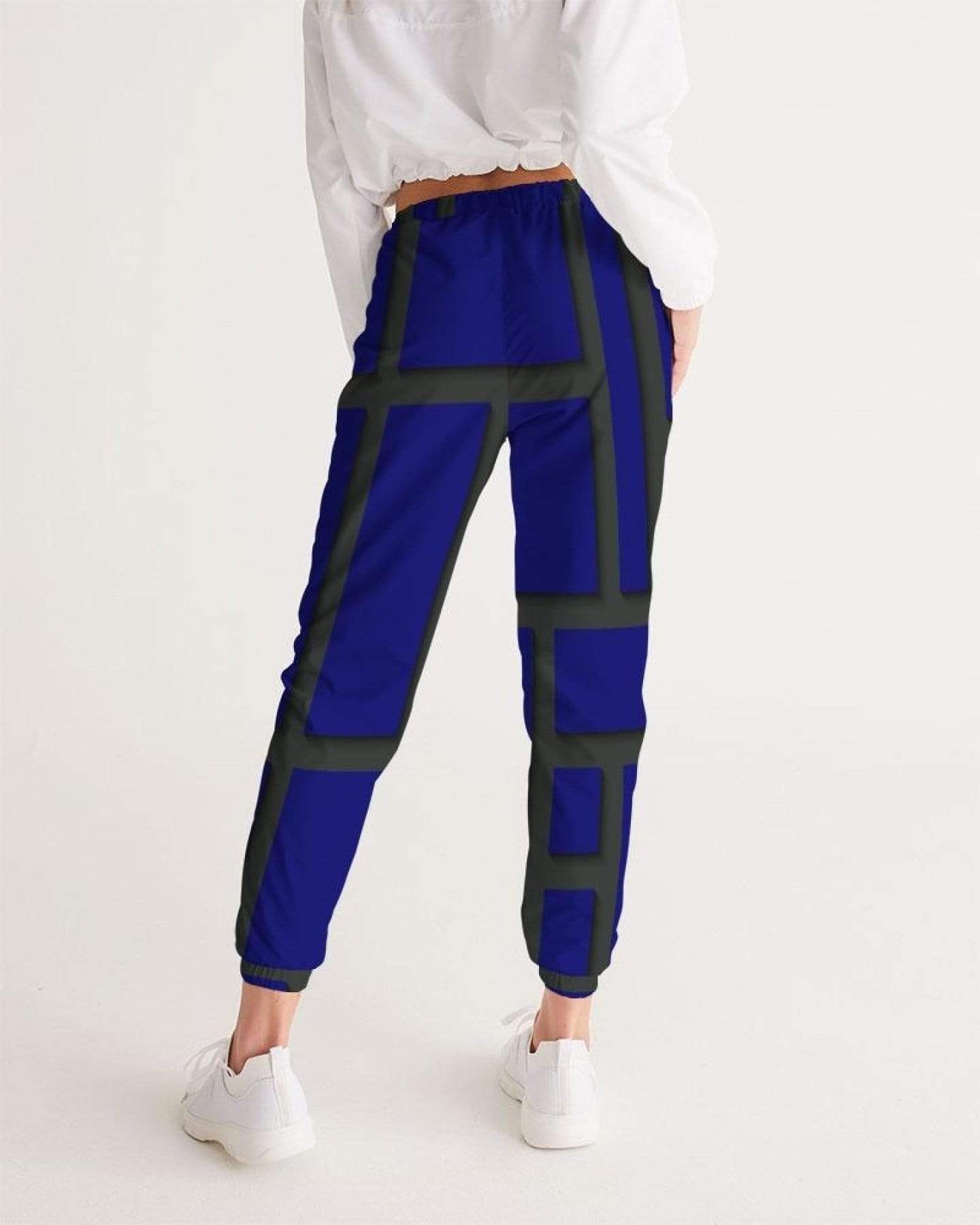 Grey Coco Activewear Womens Athletic Track Pants, Navy Blue & Black Geometric Block Design