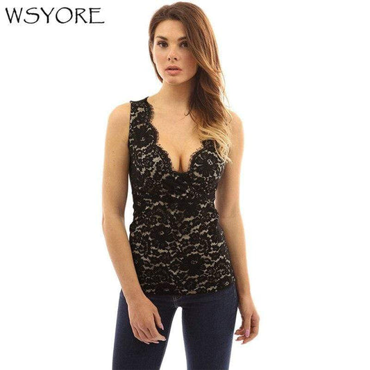 hansleii WSYORE Sexy Lace Tops Women 2018 New Summer Fashion Deep V-neck Sleeveless Vest Female Hot Sales Black Color Tank Top NS158