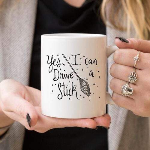 Magenta Shadow Home & Garden Yes I Can Drive A Stick Mug, Witch Mugs, Halloween