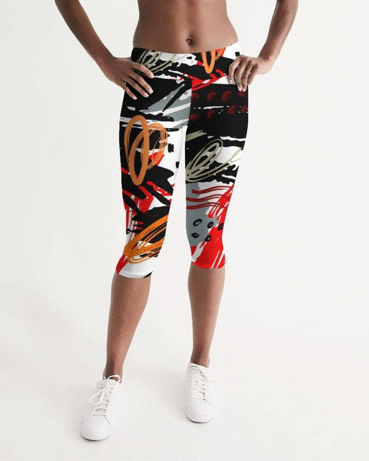 Womens Mid-rise Capri Leggings - Black Red Gray Abstract Pattern
