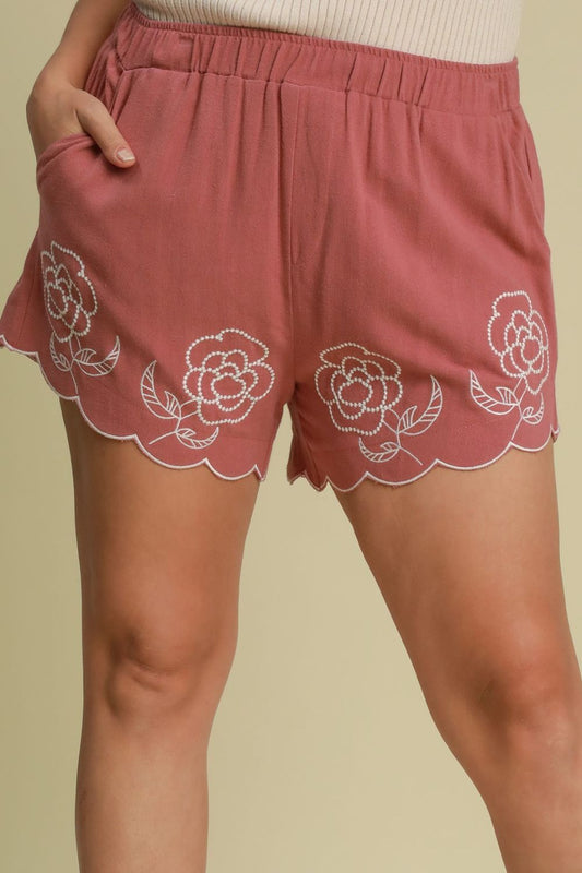 Umgee Linen Blend Women's Shorts with Floral Embroidered Details