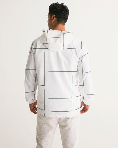 Mens Hooded Windbreaker - White Grid Pattern Water Resistant Jacket