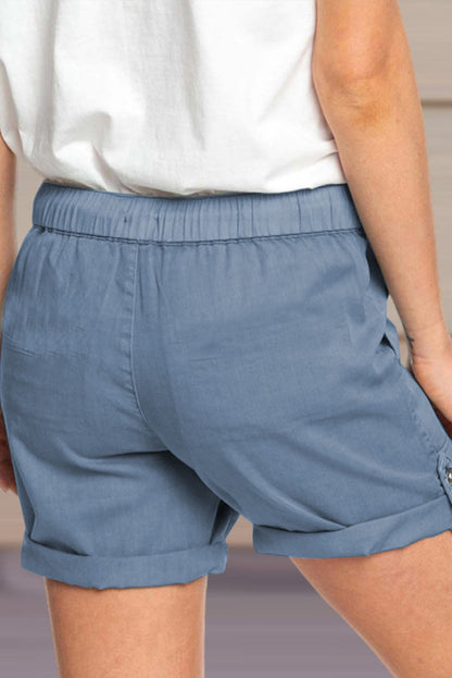 Elastic Waistband Pocket Drawstring Women's Shorts with Button