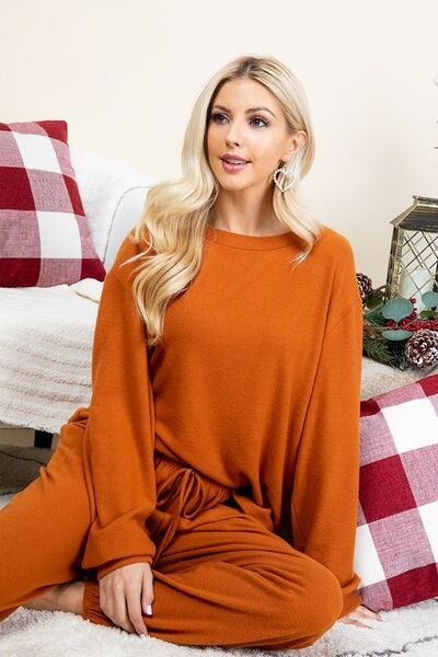 Super Lady Full Size Fuzzy Hacci Brush Round Neck Top and Pants Lounge