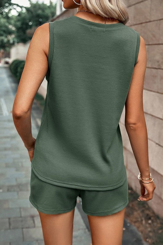 Knit Patched Pocket Tank and Drawstring Women's Shorts Set