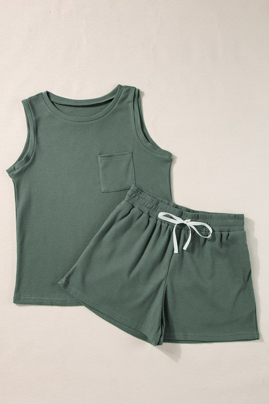 Knit Patched Pocket Tank and Drawstring Women's Shorts Set