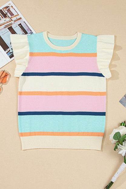 Striped Colorblock Flutter Sleeve Knit Top