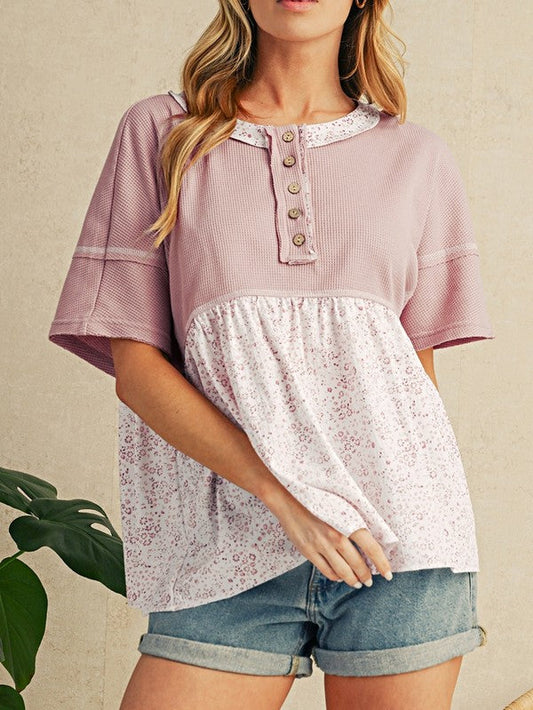 Cotton Pink Waffle Floral Patchwork Exposed Top