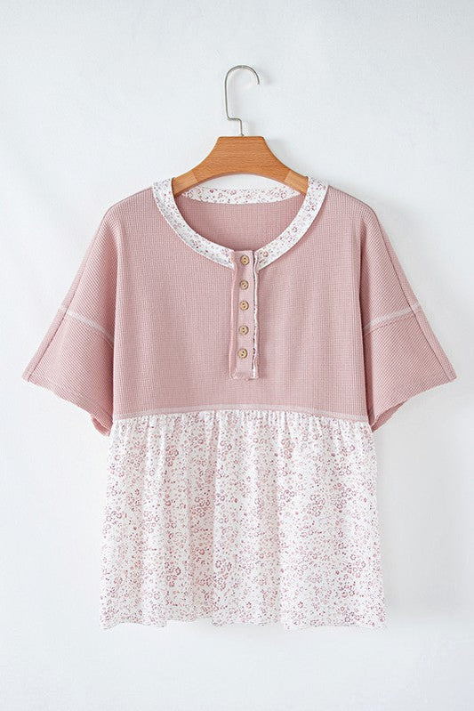 Cotton Pink Waffle Floral Patchwork Exposed Top