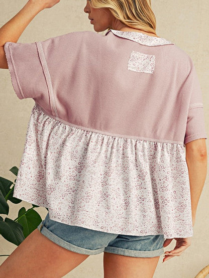 Cotton Pink Waffle Floral Patchwork Exposed Top