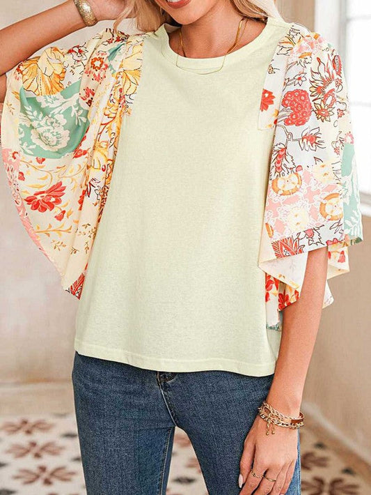 Cotton Beige Floral Patchwork Angel Sleeve Blouse