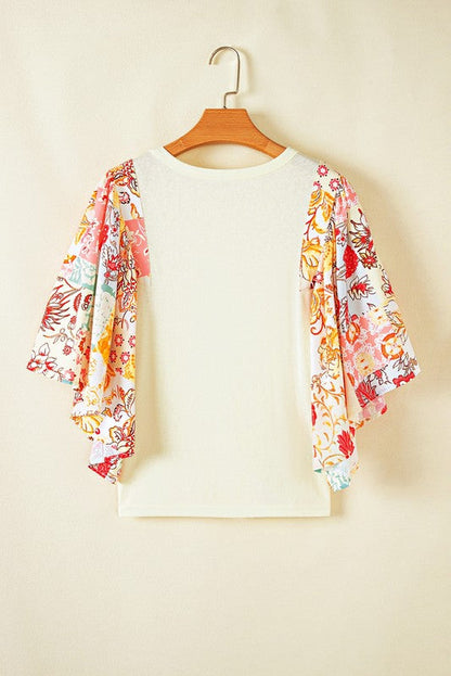 Cotton Beige Floral Patchwork Angel Sleeve Blouse