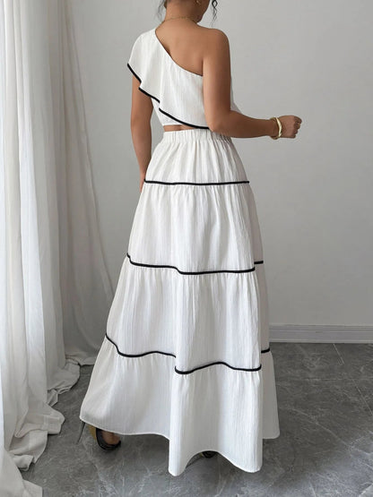 One-Shoulder Ruffle Top and Skirt Two-Piece Set