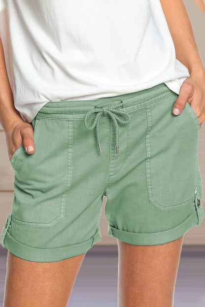 Elastic Waistband Pocket Drawstring Women's Shorts with Button