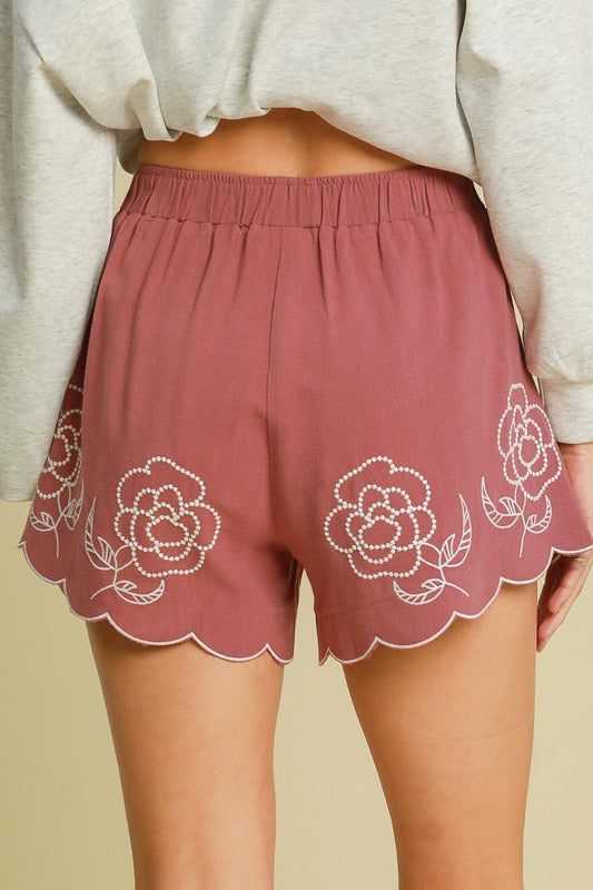Umgee Linen Blend Women's Shorts with Floral Embroidered Details