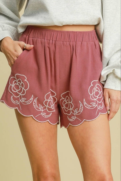 Umgee Linen Blend Women's Shorts with Floral Embroidered Details
