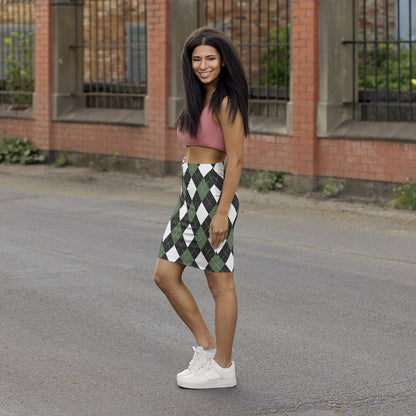 Womens Pencil Skirt - Green and White Argyle Stretch Mini