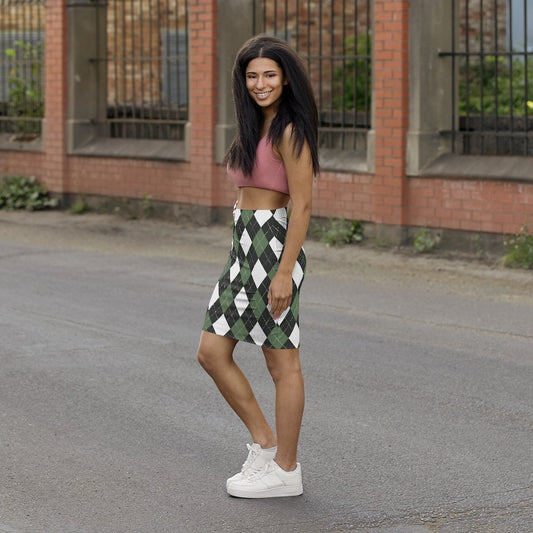 Womens Pencil Skirt - Green and White Argyle Stretch Mini