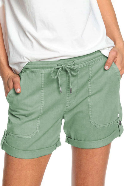 Elastic Waistband Pocket Drawstring Women's Shorts with Button