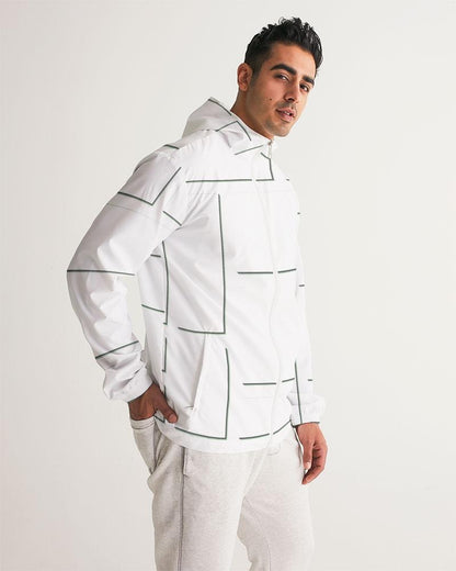 Mens Hooded Windbreaker - White Grid Pattern Water Resistant Jacket