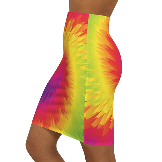 Womens Pencil Skirt - Tie Dye Rainbow Stretch Mini