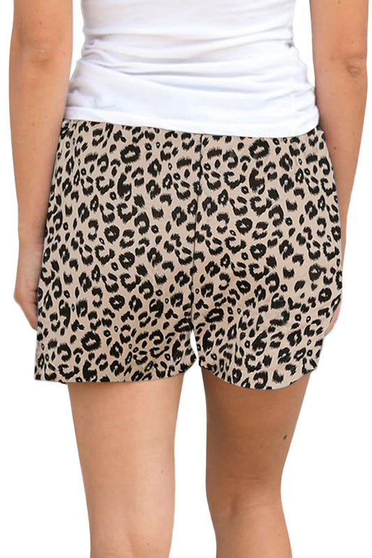 Khaki Leopard Print Drawstring Women's Waist Shorts