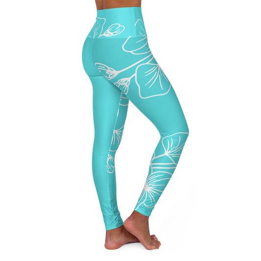 Womens High-waist Fitness Legging Yoga Pants - Floral Cyan Blue