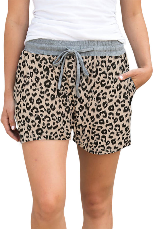 Khaki Leopard Print Drawstring Women's Waist Shorts