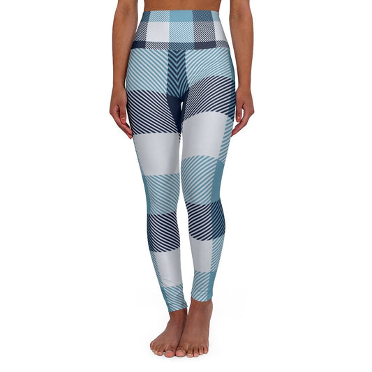 Womens High-waist Fitness Legging Yoga Pants - Blue White Plaid