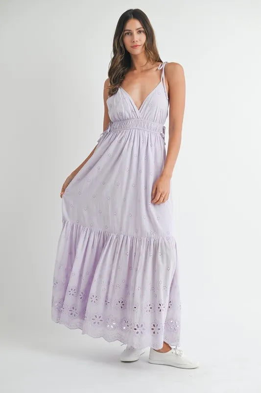 MABLE Eyelet Lace Maxi Dress With Side Strap Details