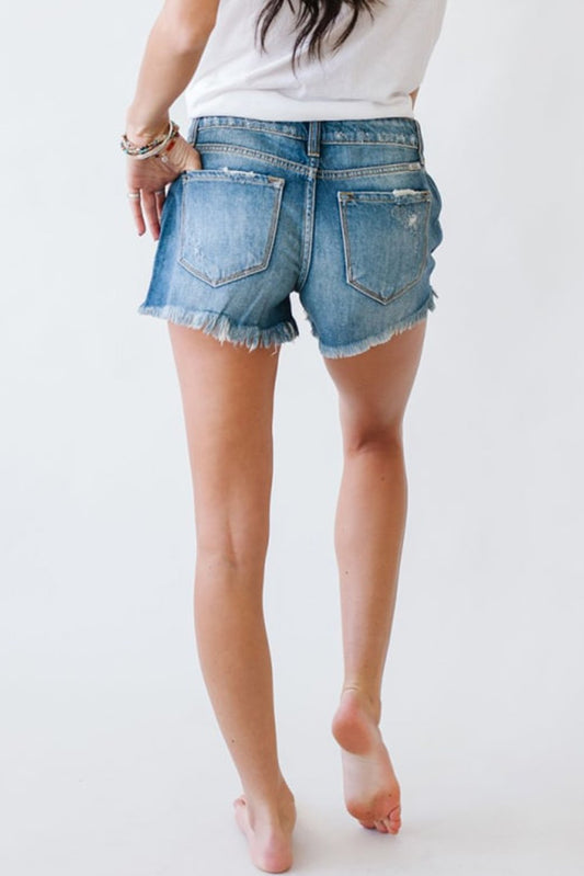 Distressed Mid Rise Frayed Hem Women's Denim Shorts