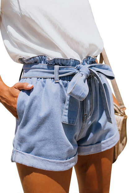 Women Light Blue Roll Hem Paper Bag Waist Denim Women's Shorts