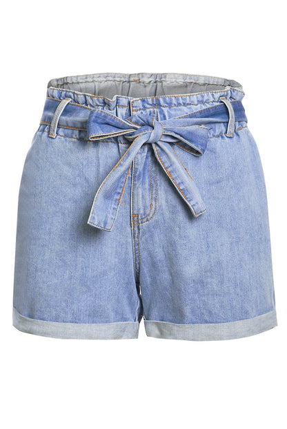 Women Light Blue Roll Hem Paper Bag Waist Denim Women's Shorts