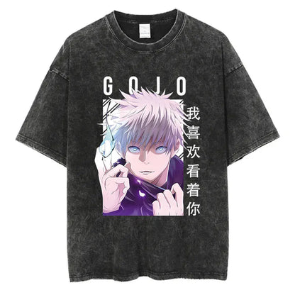 Anime Washed Tshirt Harajuku Summer 100% Cotton Short Sleeve Oversize