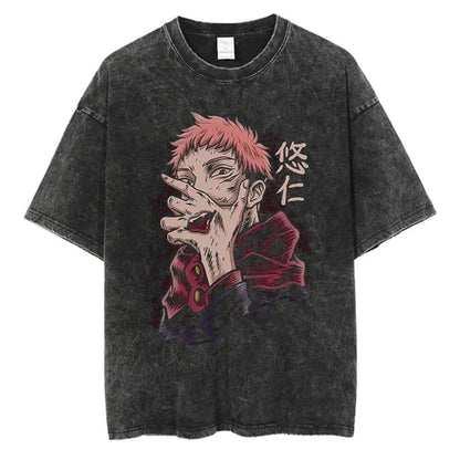 Anime Washed Tshirt Harajuku Summer 100% Cotton Short Sleeve Oversize