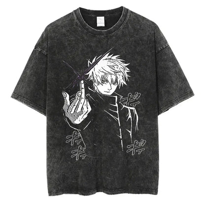 Anime Washed Tshirt Harajuku Summer 100% Cotton Short Sleeve Oversize
