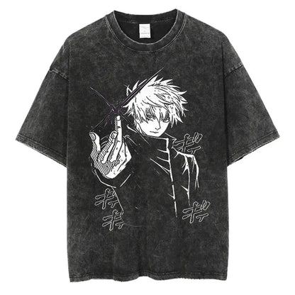 Anime Washed Tshirt Harajuku Summer 100% Cotton Short Sleeve Oversize