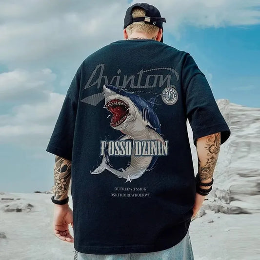 M-8XL Men Tshirt Oversized Fashion Cartoon Shark Attack Print Shirt