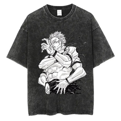 Anime Washed Tshirt Harajuku Summer 100% Cotton Short Sleeve Oversize