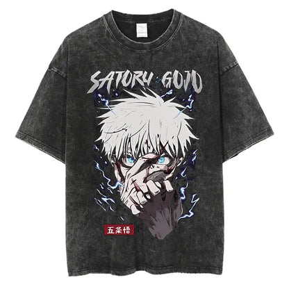 Anime Washed Tshirt Harajuku Summer 100% Cotton Short Sleeve Oversize