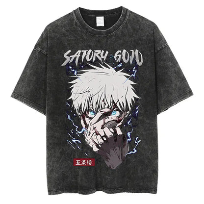 Anime Washed Tshirt Harajuku Summer 100% Cotton Short Sleeve Oversize