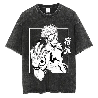 Anime Washed Tshirt Harajuku Summer 100% Cotton Short Sleeve Oversize