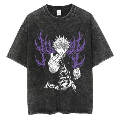 Anime Washed Tshirt Harajuku Summer 100% Cotton Short Sleeve Oversize